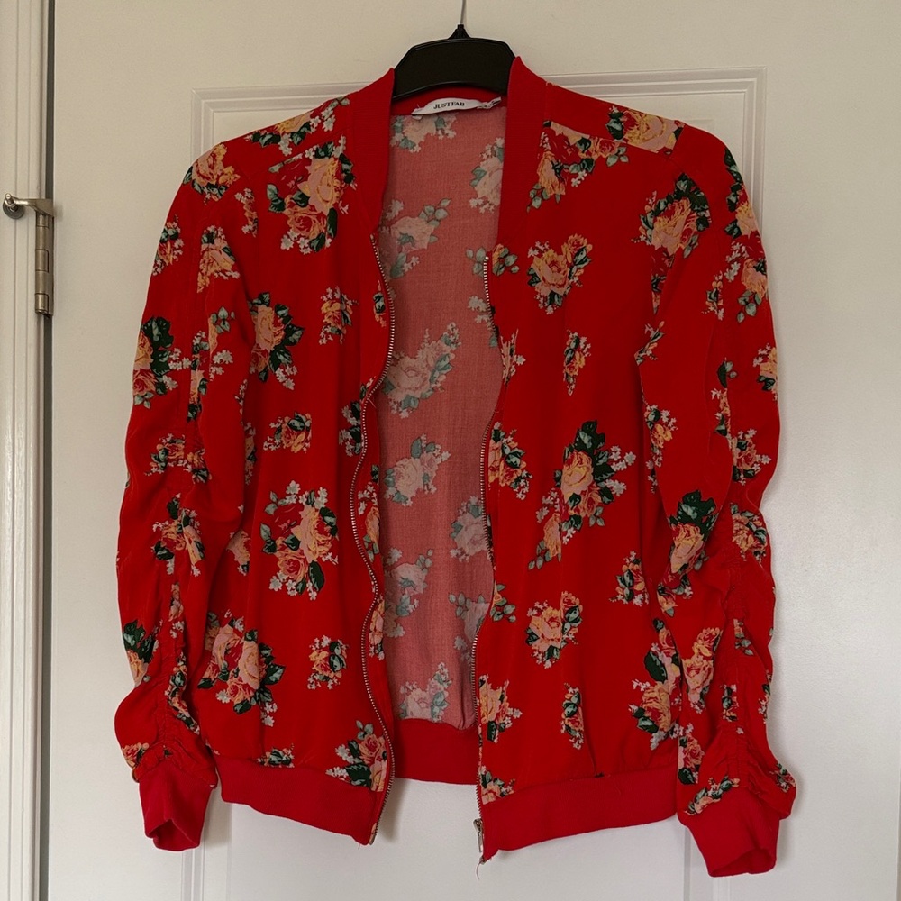 JustFab Orange Floral Bomber Jacket